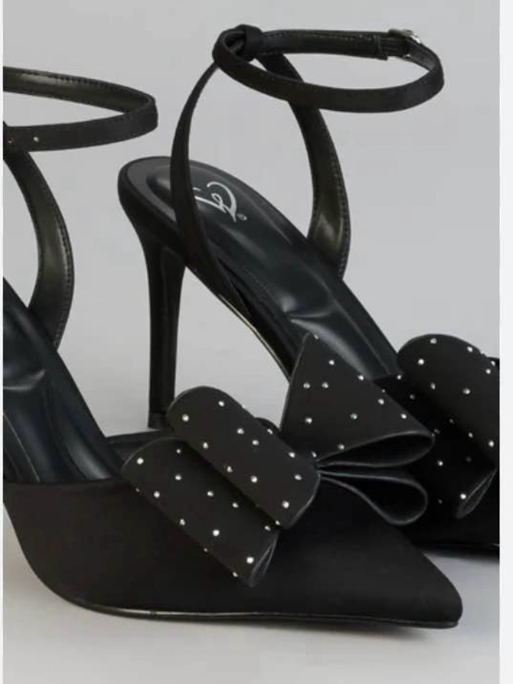 Windsor Black Studded Bow Pointed-Toe Ankle-Strap Heels